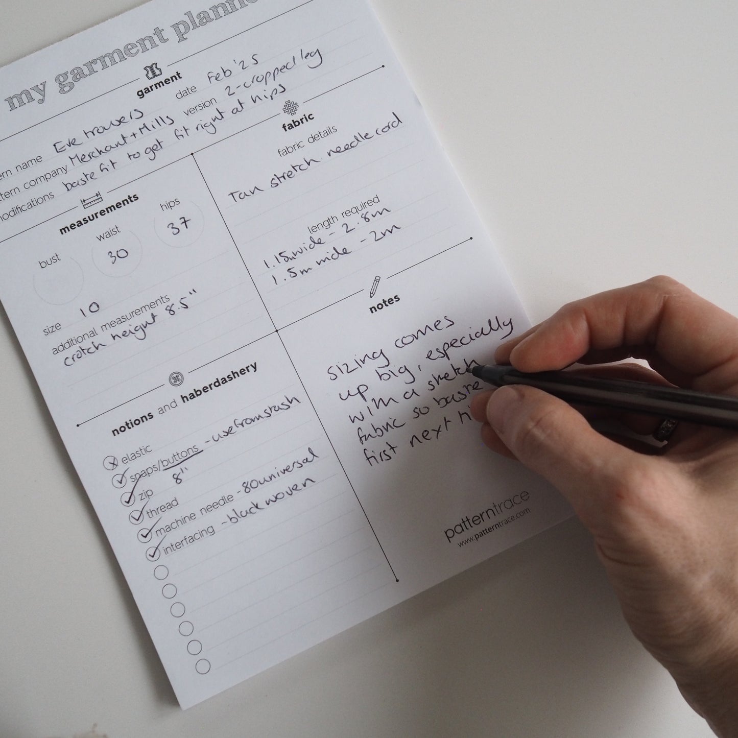 Garment Planner Pad by Pattertrace